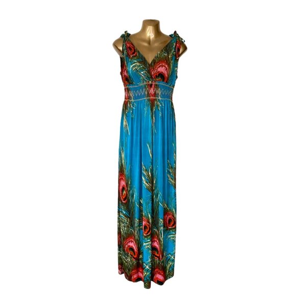 NWOT Turquoise Peacock Maxi Summer Dress | Versatile Festival Carnival Beachwear - Picture 1 of 11